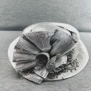 MS DIVINE - Silver Pleated Swirl Ribbon Rhinestones Church Hat  H6